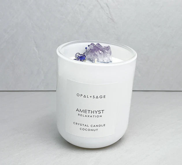 Opal + Sage Amethyst crystal candle